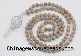 GMN1557 Knotted 8mm, 10mm feldspar 108 beads mala necklace with pendant