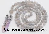 GMN1558 Knotted 8mm, 10mm grey banded agate 108 beads mala necklace with pendant