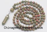 GMN1664 Hand-knotted 6mm unakite 108 beads mala necklaces with pendant