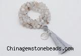 GMN1751 Knotted 8mm, 10mm montana agate 108 beads mala necklace with tassel & charm