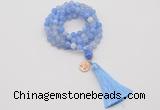 GMN1753 Knotted 8mm, 10mm blue banded agate 108 beads mala necklace with tassel & charm