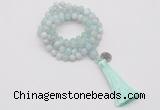 GMN1754 Knotted 8mm, 10mm sea blue banded agate 108 beads mala necklace with tassel & charm