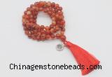 GMN1757 Knotted 8mm, 10mm red banded agate 108 beads mala necklace with tassel & charm