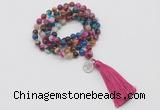 GMN1759 Knotted 8mm, 10mm colorfull banded agate 108 beads mala necklace with tassel & charm