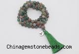 GMN1762 Knotted 8mm, 10mm Indian agate 108 beads mala necklace with tassel & charm