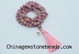 GMN1768 Knotted 8mm, 10mm pink fossil jasper 108 beads mala necklace with tassel & charm