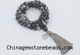 GMN1773 Knotted 8mm, 10mm black water jasper 108 beads mala necklace with tassel & charm