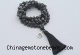 GMN1795 Knotted 8mm, 10mm black labradorite 108 beads mala necklace with tassel & charm