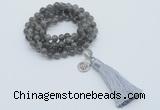 GMN1796 Knotted 8mm, 10mm labradorite 108 beads mala necklace with tassel & charm