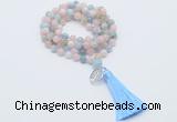 GMN1806 Knotted 8mm, 10mm morganite 108 beads mala necklace with tassel & charm