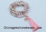 GMN1807 Knotted 8mm, 10mm natural pink opal 108 beads mala necklace with tassel & charm