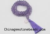 GMN1821 Knotted 8mm, 10mm amethyst 108 beads mala necklace with tassel & charm