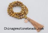 GMN1825 Knotted 8mm, 10mm golden tiger eye 108 beads mala necklace with tassel & charm