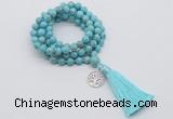 GMN1837 Knotted 8mm, 10mm blue howlite 108 beads mala necklace with tassel & charm