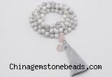 GMN1839 Knotted 8mm, 10mm white howlite 108 beads mala necklace with tassel & charm