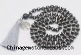 GMN1855 Knotted 8mm, 10mm faceted Tibetan agate 108 beads mala necklace with tassel & charm