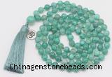 GMN1865 Knotted 8mm, 10mm peafowl agate 108 beads mala necklace with tassel & charm