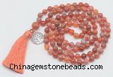 GMN1866 Knotted 8mm, 10mm fire agate 108 beads mala necklace with tassel & charm