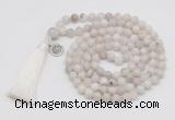 GMN1871 Knotted 8mm, 10mm white crazy agate 108 beads mala necklace with tassel & charm