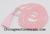 GMN1872 Knotted 8mm, 10mm rose quartz 108 beads mala necklace with tassel & charm