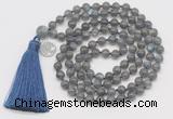 GMN1874 Knotted 8mm, 10mm labradorite 108 beads mala necklace with tassel & charm