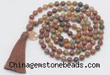 GMN1878 Knotted 8mm, 10mm picasso jasper 108 beads mala necklace with tassel & charm