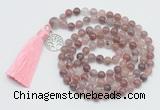 GMN1886 Knotted 8mm, 10mm purple strawberry quartz 108 beads mala necklace with tassel & charm