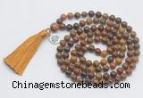 GMN1892 Knotted 8mm, 10mm red moss agate 108 beads mala necklace with tassel & charm