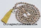 GMN1893 Knotted 8mm, 10mm feldspar 108 beads mala necklace with tassel & charm