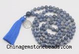 GMN1894 Knotted 8mm, 10mm blue spot stone 108 beads mala necklace with tassel & charm