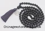 GMN1896 Knotted 8mm, 10mm black obsidian 108 beads mala necklace with tassel & charm