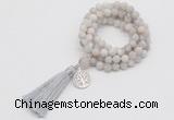 GMN2001 Knotted 8mm, 10mm matte white crazy agate 108 beads mala necklace with tassel & charm