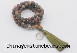 GMN2008 Knotted 8mm, 10mm matte picasso jasper 108 beads mala necklace with tassel & charm