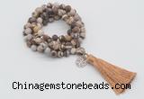 GMN2009 Knotted 8mm, 10mm matte zebra jasper 108 beads mala necklace with tassel & charm