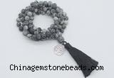 GMN2011 Knotted 8mm, 10mm matte black water jasper 108 beads mala necklace with tassel & charm