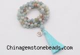 GMN2023 Knotted 8mm, 10mm matte amazonite 108 beads mala necklace with tassel & charm