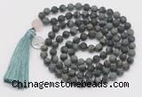 GMN2030 Knotted 8mm, 10mm matte kambaba jasper 108 beads mala necklace with tassel & charm