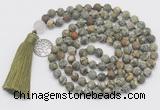 GMN2031 Knotted 8mm, 10mm matte rhyolite 108 beads mala necklace with tassel & charm