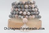 GMN2232 Hand-knotted 8mm, 10mm matte pink zebra jasper 108 beads mala necklaces with charm