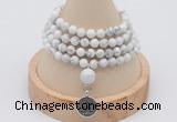 GMN2418 Hand-knotted 6mm white howlite 108 beads mala necklace with charm