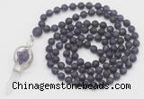 GMN2616 Hand-knotted 8mm, 10mm matte amethyst 108 beads mala necklace with pendant