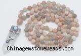 GMN2623 Hand-knotted 8mm, 10mm matte sunstone 108 beads mala necklace with pendant