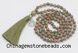 GMN303 Hand-knotted 6mm unakite 108 beads mala necklaces with tassel & charm