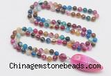 GMN4011 Hand-knotted 8mm, 10mm colorful banded agate 108 beads mala necklace with pendant