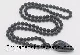 GMN4033 Hand-knotted 8mm, 10mm black lava 108 beads mala necklace with pendant
