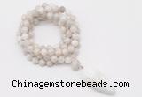 GMN4062 Hand-knotted 8mm, 10mm white crazy agate 108 beads mala necklace with pendant