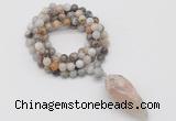 GMN4064 Hand-knotted 8mm, 10mm bamboo leaf agate 108 beads mala necklace with pendant