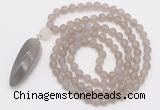 GMN4207 Hand-knotted 8mm, 10mm matte grey agate 108 beads mala necklace with pendant