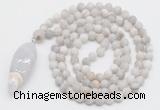 GMN4210 Hand-knotted 8mm, 10mm matte white crazy agate 108 beads mala necklace with pendant