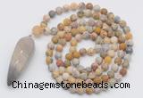 GMN4211 Hand-knotted 8mm, 10mm matte yellow crazy agate 108 beads mala necklace with pendant